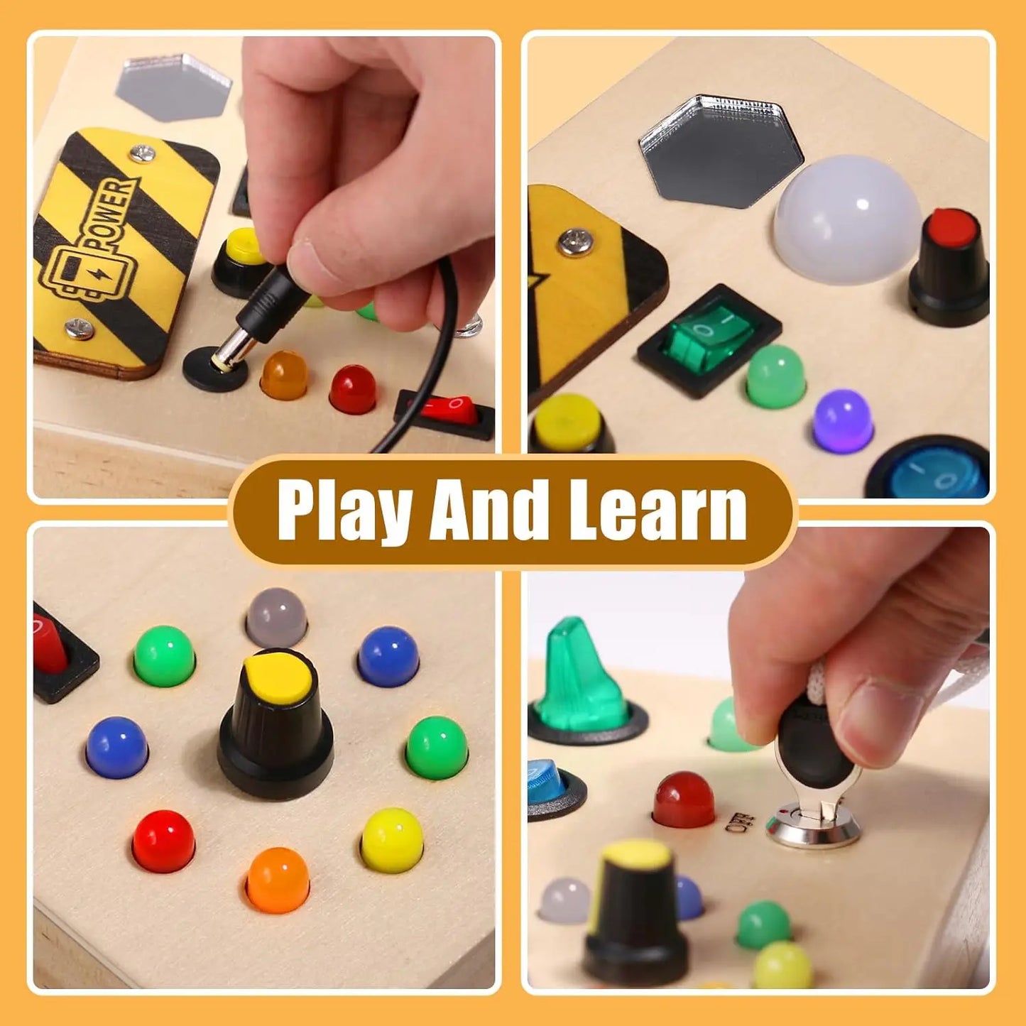 Montessori Wooden Busy Board with LED Switches – Sensory Learning Travel Toy for Toddlers & Preschoolers
