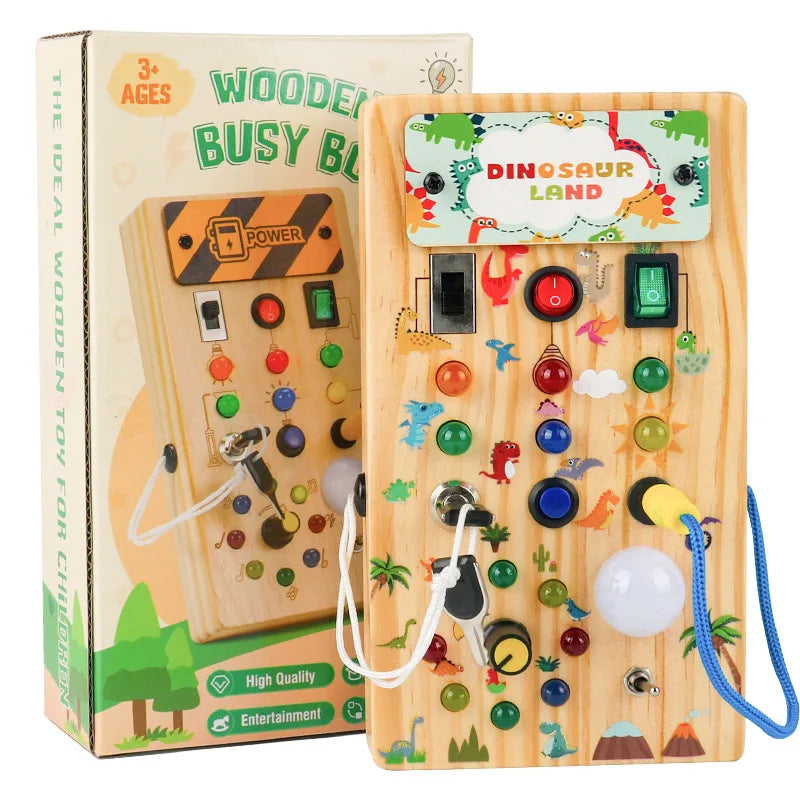 Montessori Wooden Busy Board with LED Switches – Sensory Learning Travel Toy for Toddlers & Preschoolers