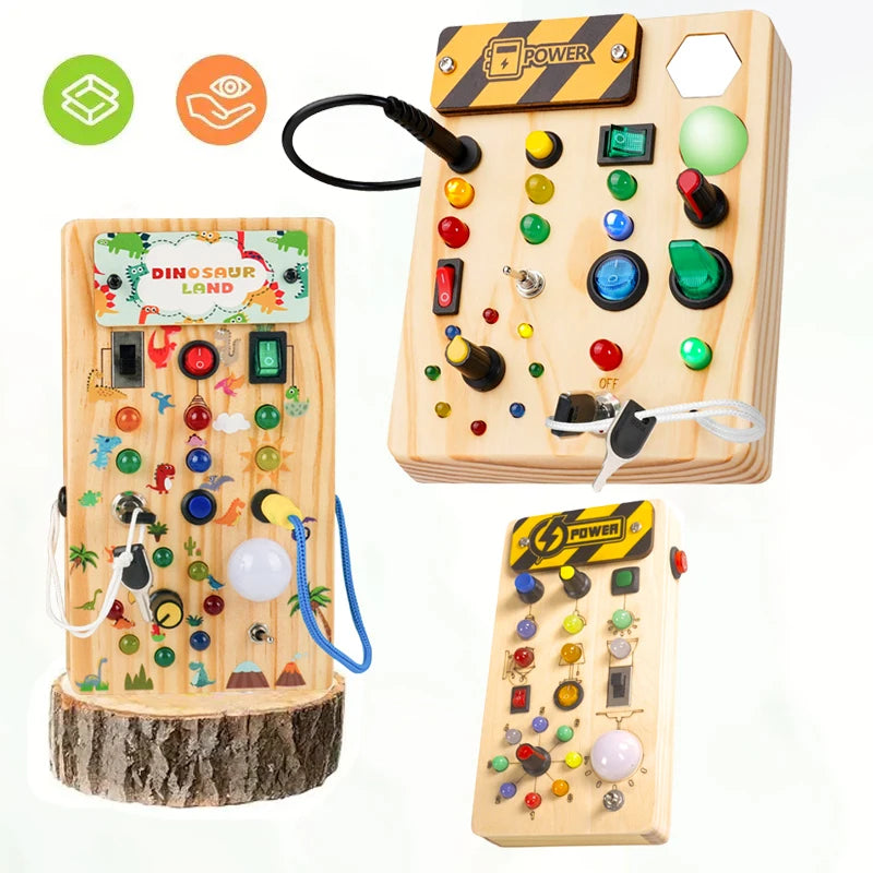 Montessori Wooden Busy Board with LED Switches – Sensory Learning Travel Toy for Toddlers & Preschoolers
