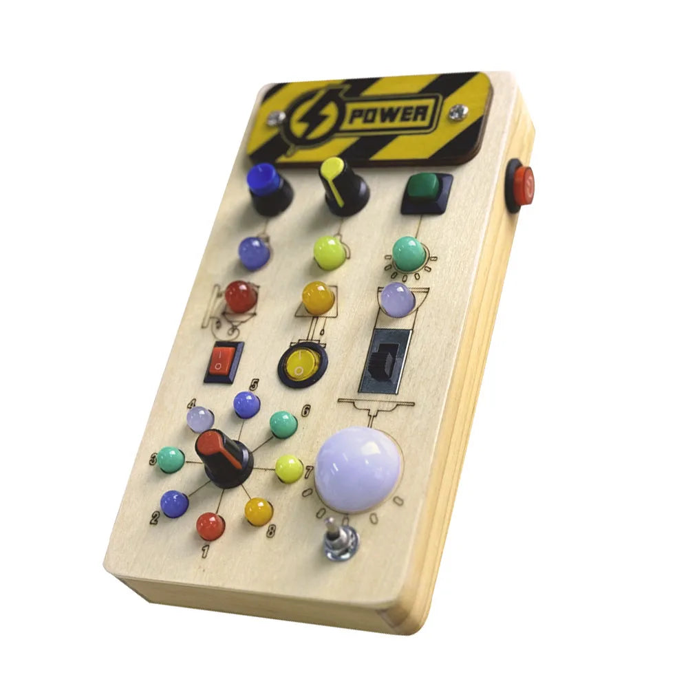 Montessori Wooden Busy Board with LED Switches – Sensory Learning Travel Toy for Toddlers & Preschoolers