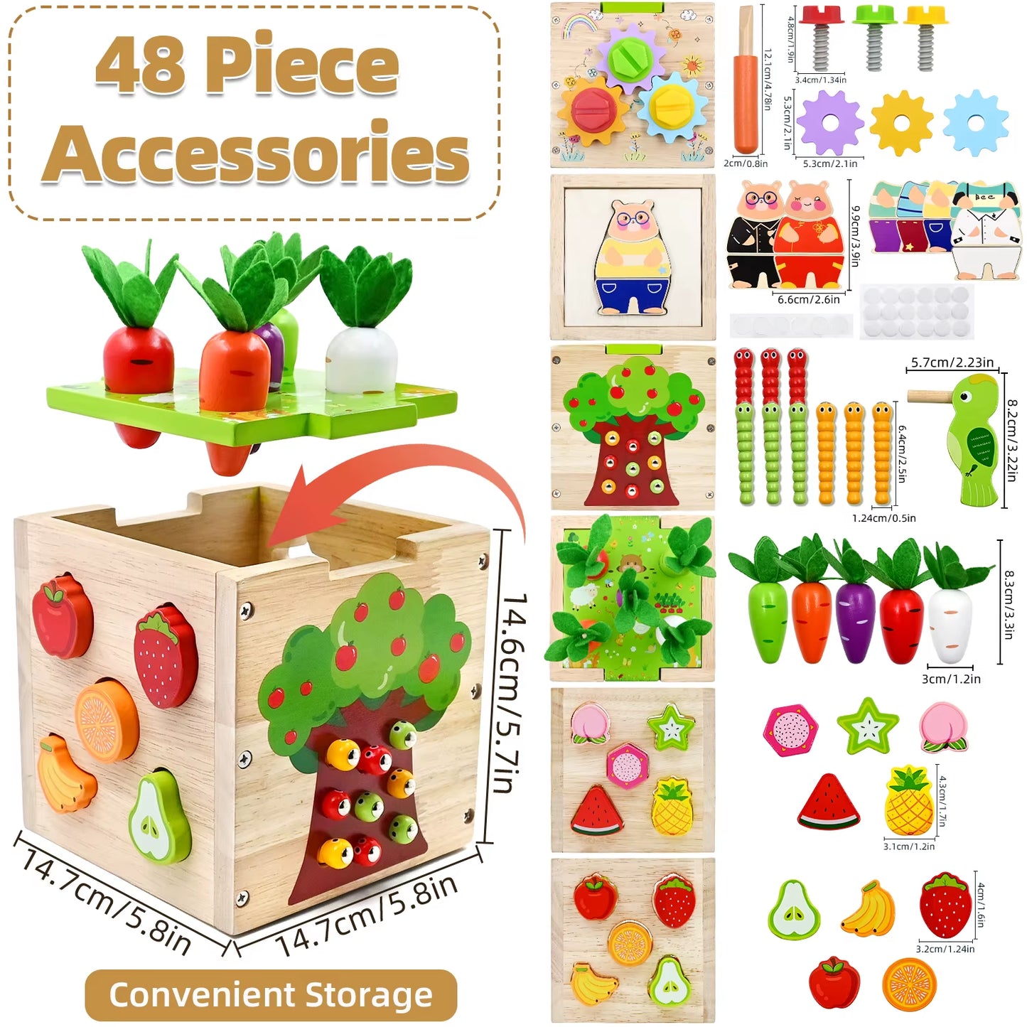 Baby Wooden Activity Cube Center Toys for Boys Girls Birthday Gifts, 5 in 1 Montessori Educational Learning Sensory Toys