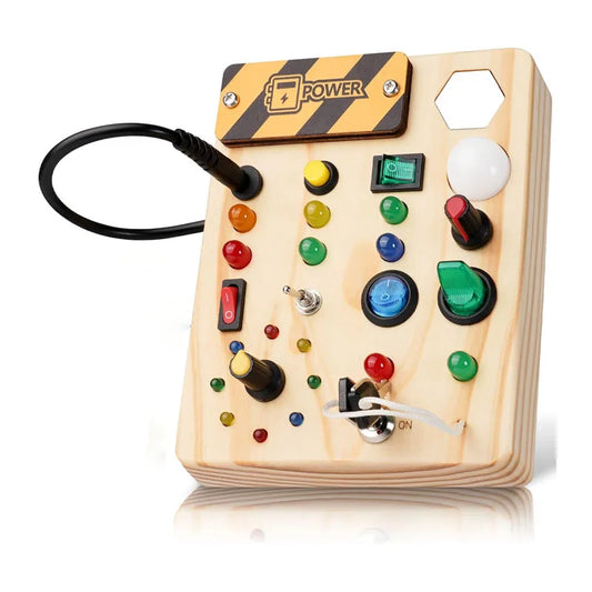 Montessori Wooden Busy Board with LED Switches – Sensory Learning Travel Toy for Toddlers & Preschoolers