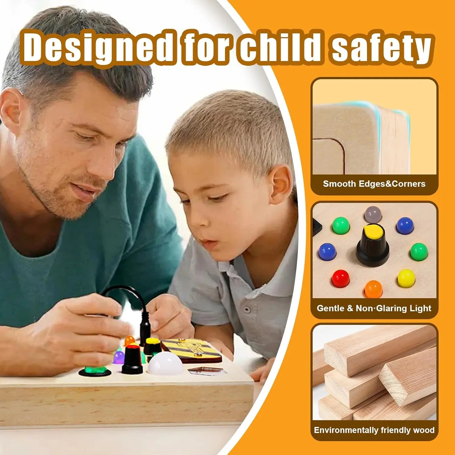 Montessori Wooden Busy Board with LED Switches – Sensory Learning Travel Toy for Toddlers & Preschoolers