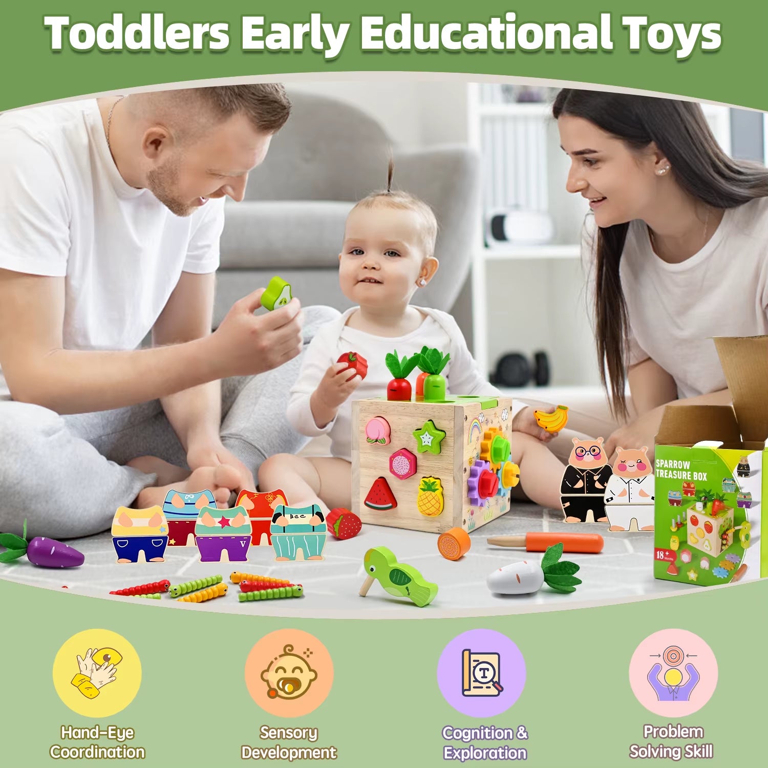 Baby Wooden Activity Cube Center Toys for Boys Girls Birthday Gifts, 5 in 1 Montessori Educational Learning Sensory Toys