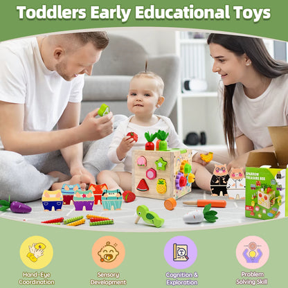 Baby Wooden Activity Cube Center Toys for Boys Girls Birthday Gifts, 5 in 1 Montessori Educational Learning Sensory Toys