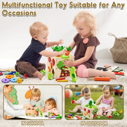 Baby Wooden Activity Cube Center Toys for Boys Girls Birthday Gifts, 5 in 1 Montessori Educational Learning Sensory Toys